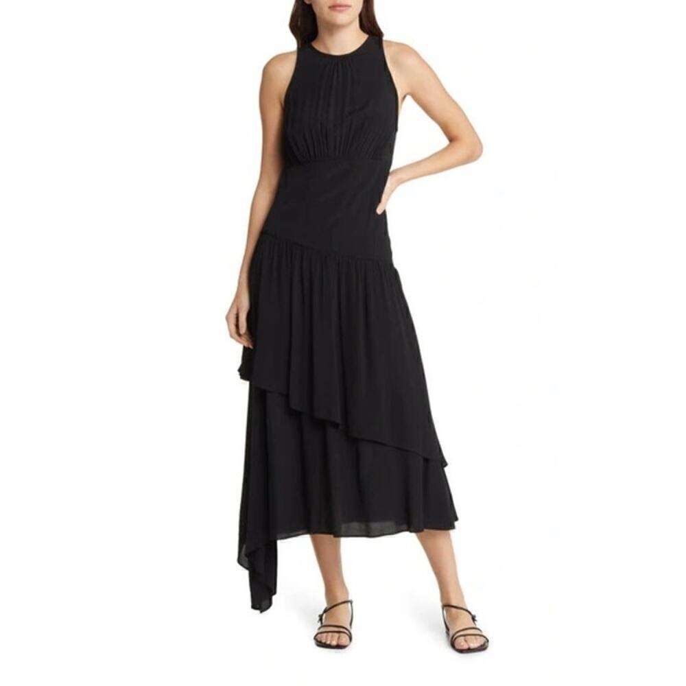 Chelsea28 Dress Sleeveless Gathered Bodice Tiered Asymmetric A-Line Midi Black S